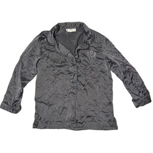 Texere Silk Hand Painted Silk Pajama Top Gray Monogram Button Down Sleep Shirt M